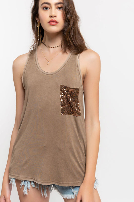 Moss Sequin Pocket Tank