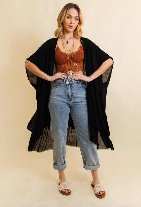 Black Ruffle Edge Boho Kimono