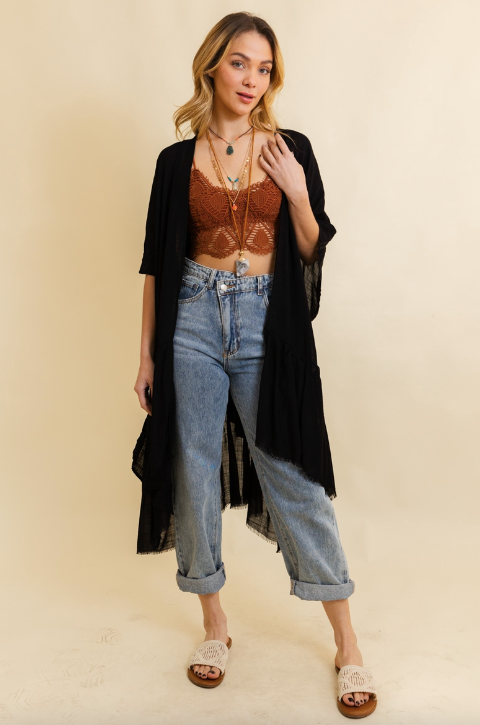 Black Ruffle Edge Boho Kimono