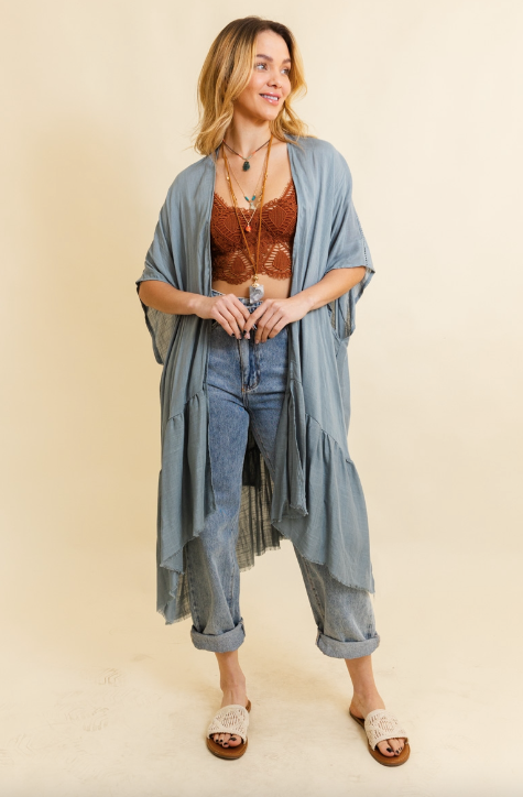 Blue Ruffle Edge Boho Kimono