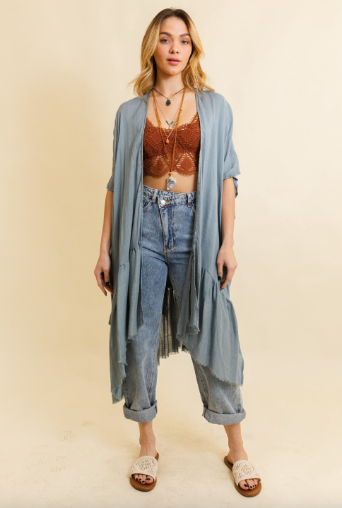 Blue Ruffle Edge Boho Kimono